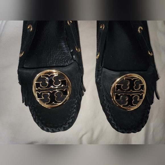 Tory Burch Alexandra Black Suede Leather Logo Driving Moccasin Slipper Sz 7.5 M - Picture 8 of 12
